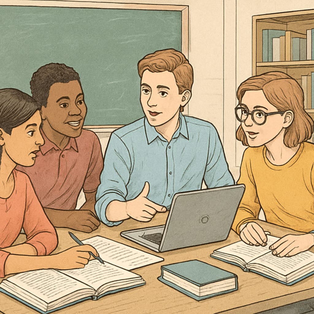 A group of students collaborating on a project in a classroom setting. Students engaging in extracurricular learning activities in a group setting.