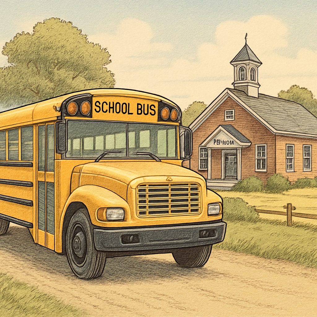 A school bus parked in front of a rural school, representing transportation budgets in school funding. School bus in front of a rural school, symbolizing transportation costs in per-student spending.