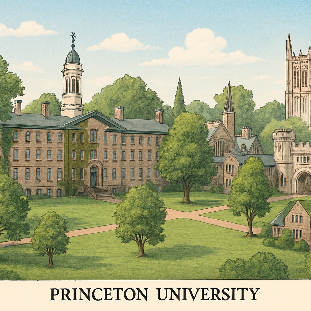 A panoramic view of Princeton University's campus, emphasizing its historic architecture and natural surroundings. Princeton University campus showcasing historic architecture and green landscapes.