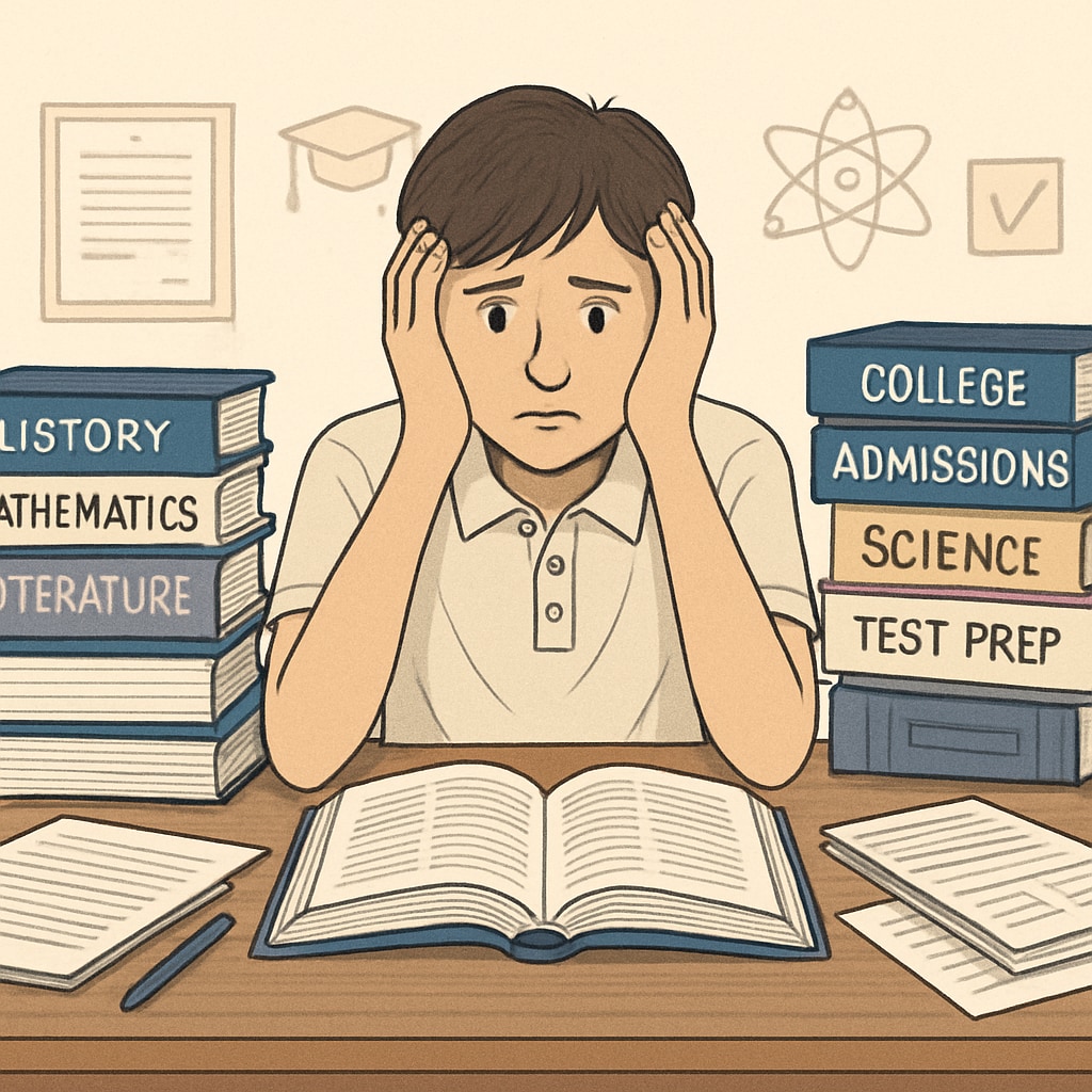 A stressed high school student surrounded by textbooks, symbolizing the challenges of preparing for elite college admissions. High school student overwhelmed with books, illustrating Ivy League admission pressures.