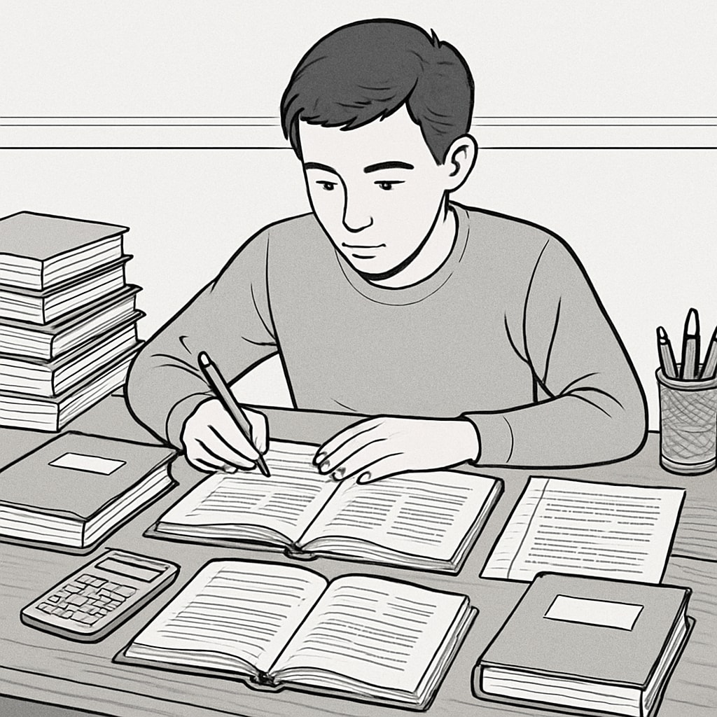 A student revising for exams with textbooks and notes spread across a desk. Student studying for A-level retakes with exam materials.