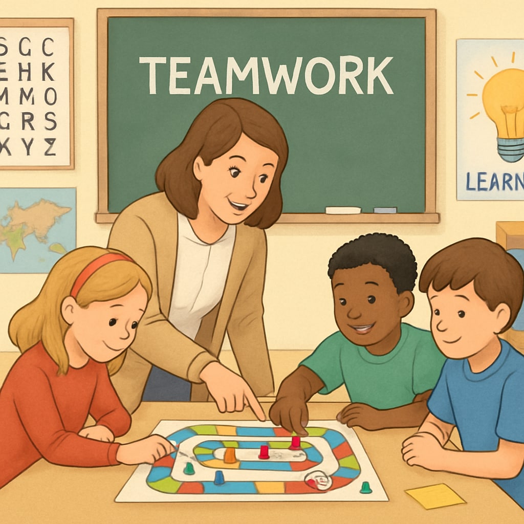 A teacher guiding students through a game-based learning activity, emphasizing collaboration and engagement. Teacher engaging students in a game-based learning session, fostering teamwork.