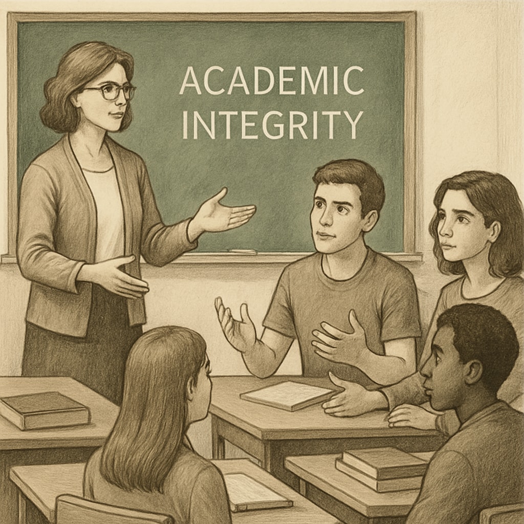 A teacher and students in a classroom discussing academic integrity, symbolizing the importance of fairness in addressing plagiarism accusations. A teacher discussing plagiarism and fairness with students in a classroom.