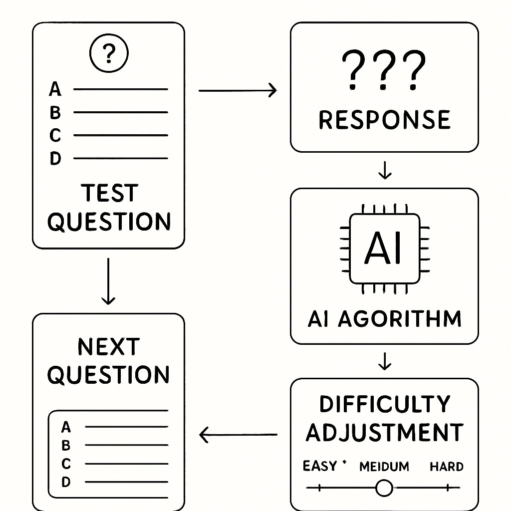 An infographic illustrating adaptive testing models powered by AI algorithms. Visual representation of how AI adaptive testing works in educational settings.