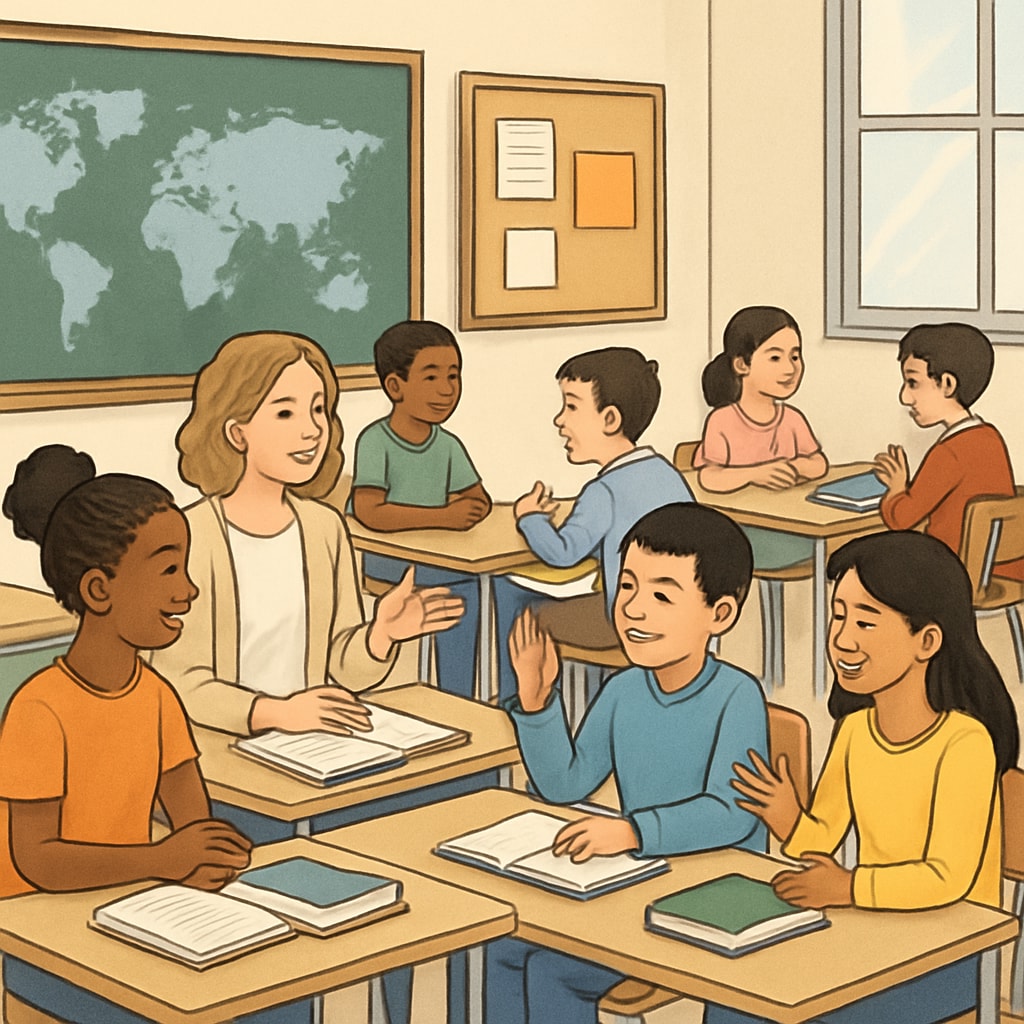 An international classroom setting with diverse students engaging in group discussions. Diverse students in a classroom discussing foundation year studies.