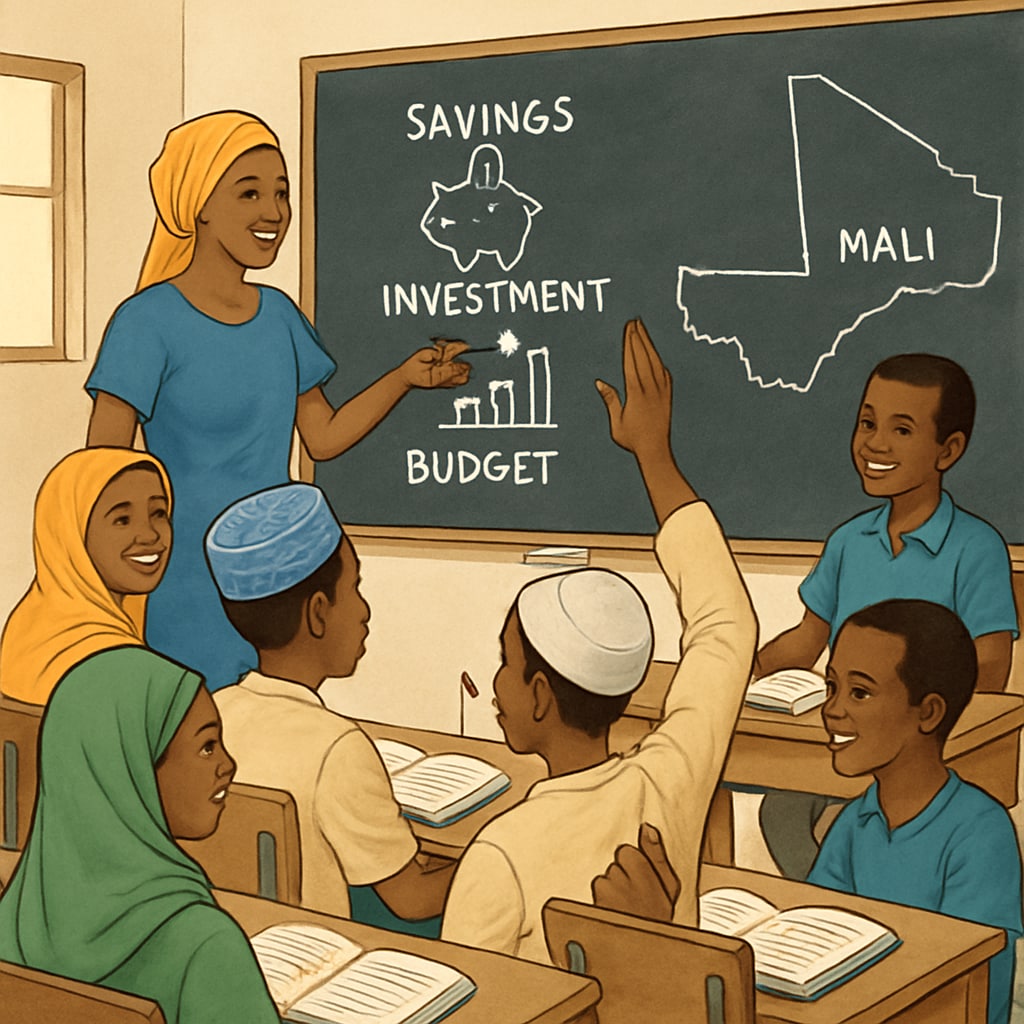 A classroom in Mali where students are engaged in learning financial concepts. Students in a classroom in Mali learning about financial literacy.