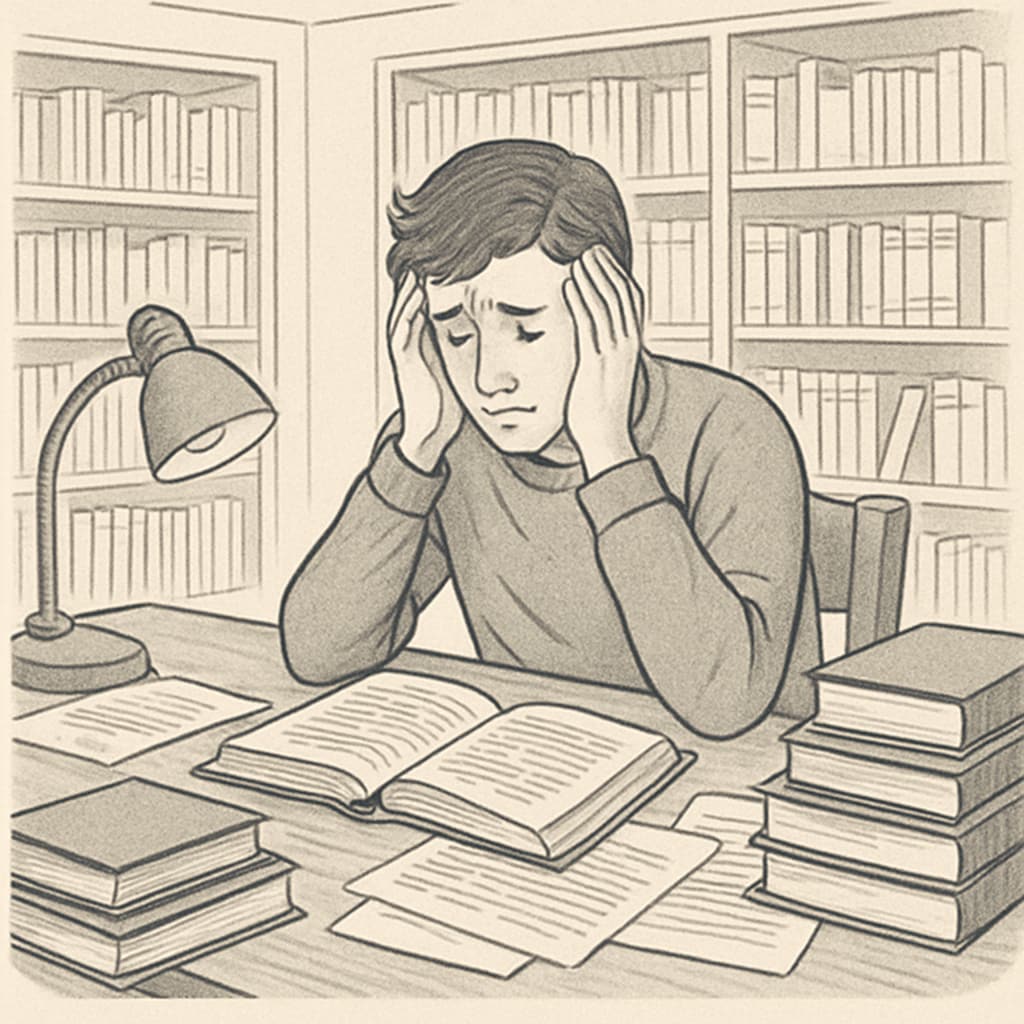 A distressed student in a library, symbolizing the emotional toll of false plagiarism accusations. A student looking stressed in a library, representing the impact of false plagiarism claims.