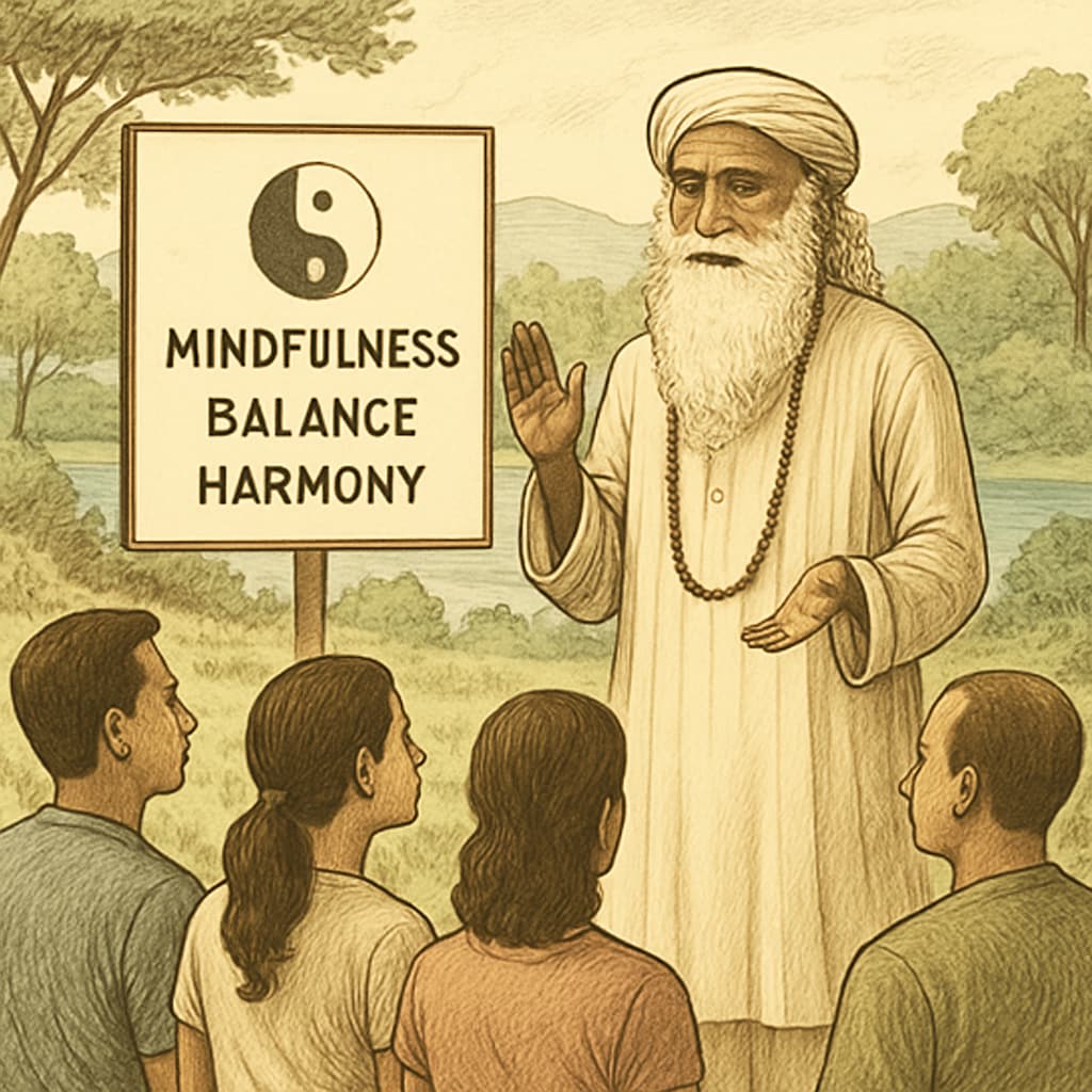 A serene scene of Sadhguru teaching a group of individuals in a natural setting, symbolizing mindfulness and balance. Sadhguru teaching mindfulness in a natural setting
