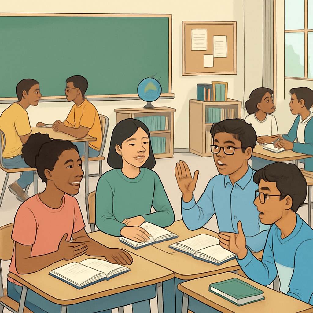 Students discussing social issues in a diverse classroom, reflecting 