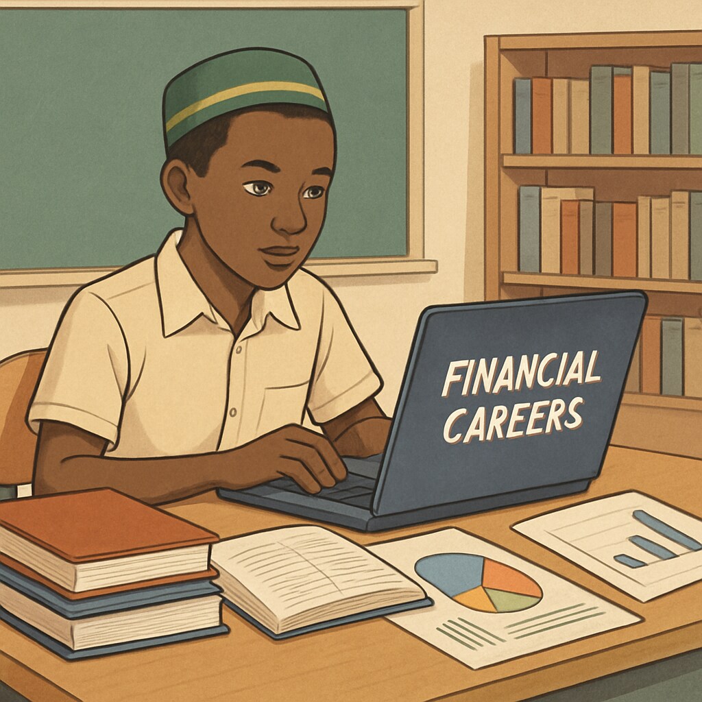 A high school student in Mali researching financial careers on a laptop. A student in Mali using a laptop to explore financial career opportunities.