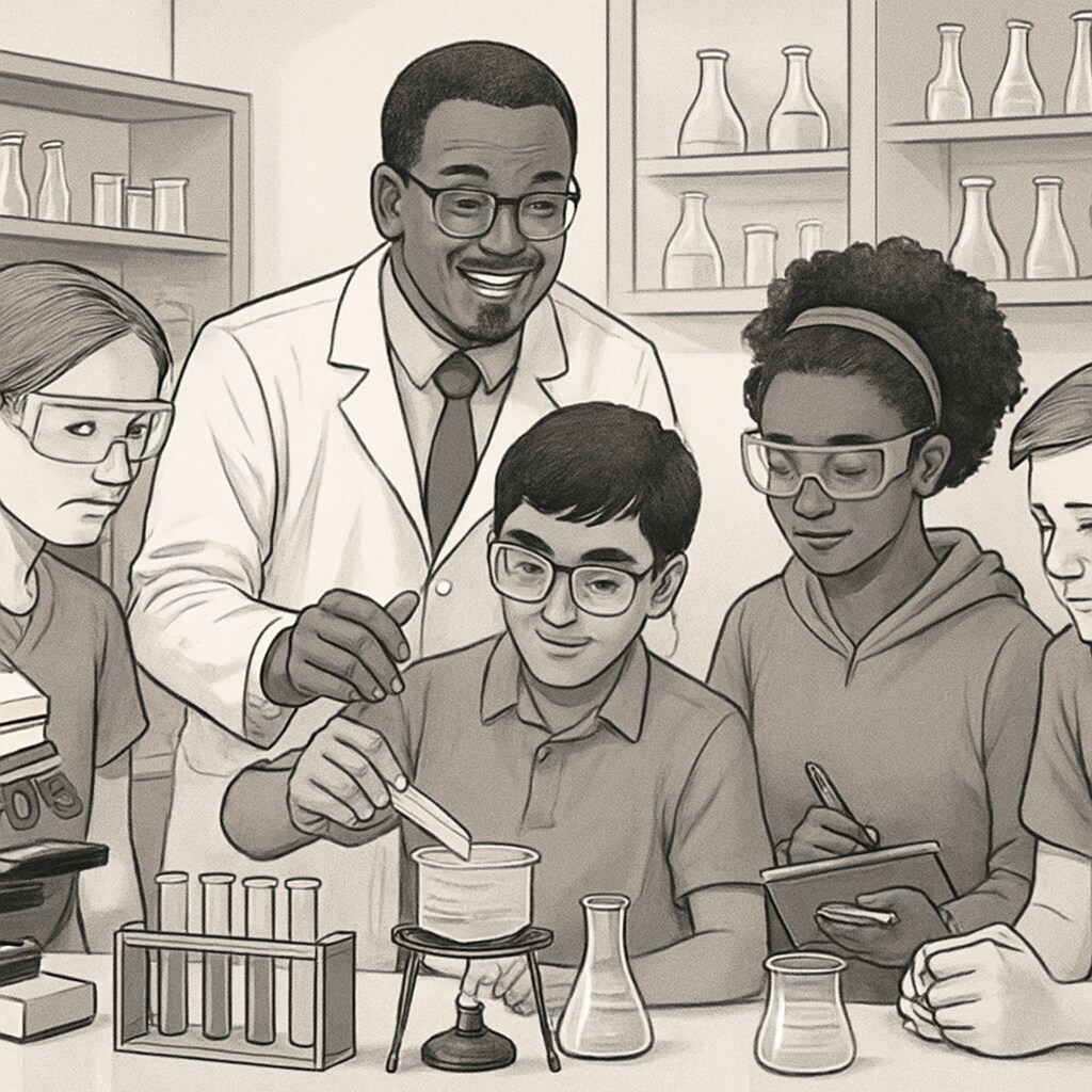 A high school science teacher working with diverse students on a lab experiment, illustrating inclusive teaching practices. High school science teacher supporting English learners during a lab activity.