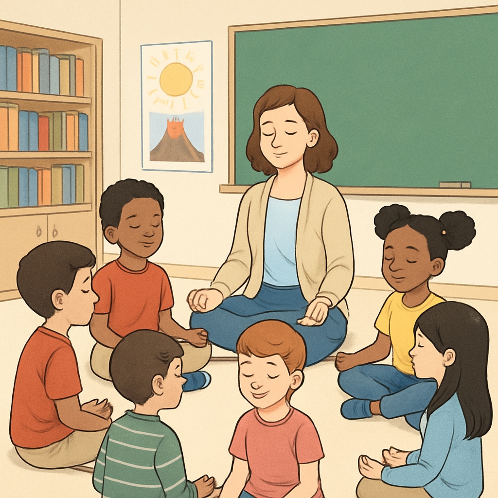 A classroom setting where children are engaged in group mindfulness activities inspired by Sadhguru’s teachings. Children practicing mindfulness activities inspired by Sadhguru in a classroom