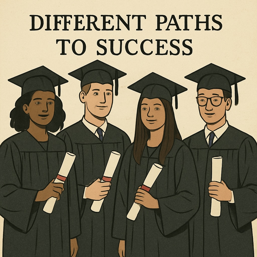 Students holding various diplomas, representing success beyond labels.