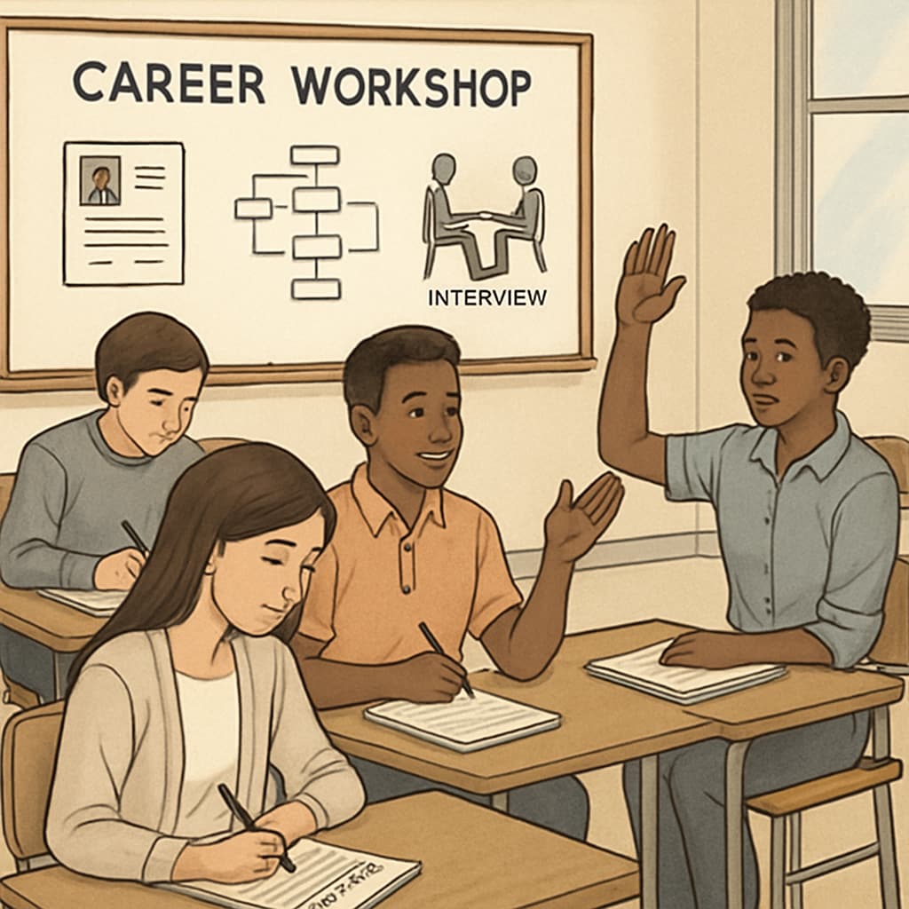 Students participating in a career workshop where they learn resume writing and interview skills. Students in Canada learning resume writing during a career workshop.