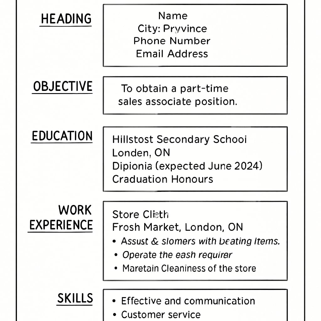 A sample resume worksheet used in Canadian schools to teach students about formatting and content. Example of a resume worksheet used in Canadian schools for career education.