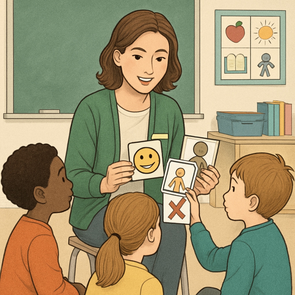 A teaching assistant working with a small group of children using visual communication cards, emphasizing inclusion and education. Teaching assistant using visual communication cards with children in an autism-focused classroom.