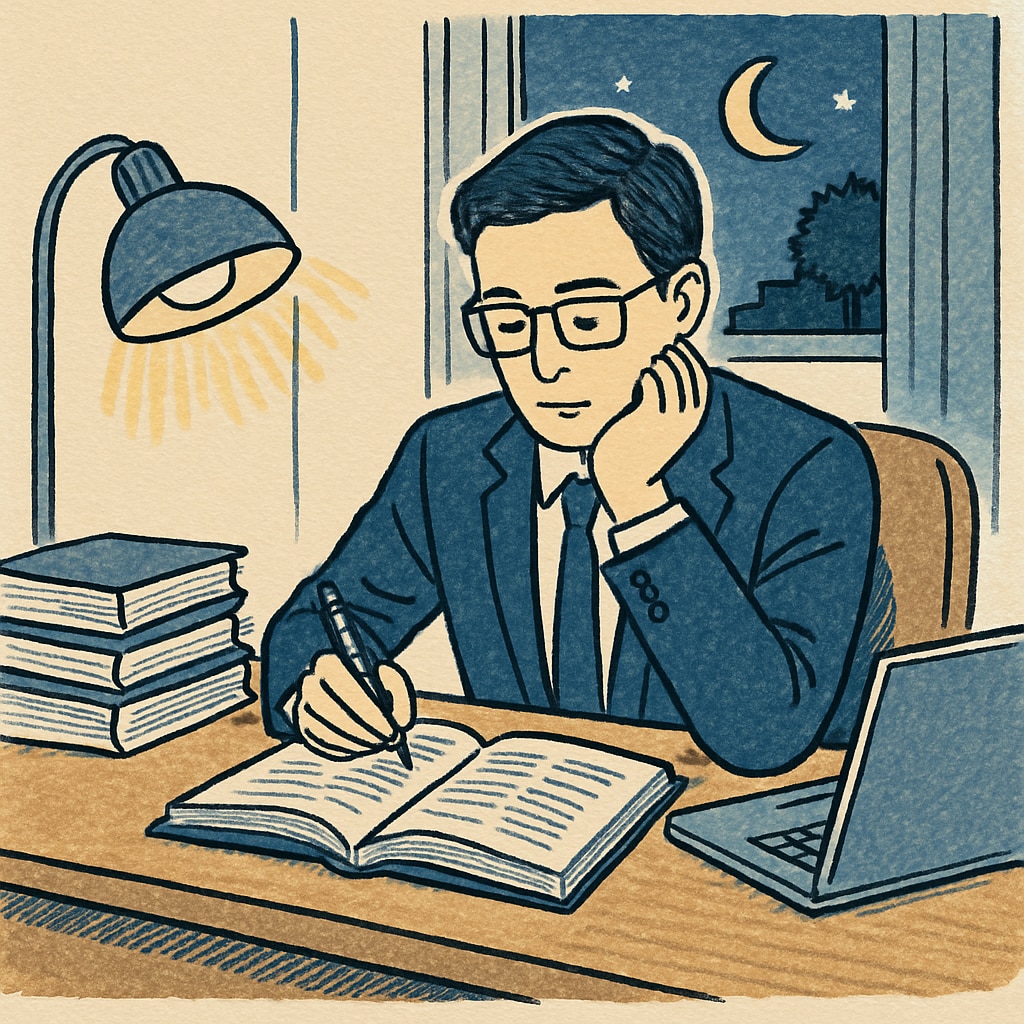 A dedicated professional studying in the evening with books and a laptop on their desk. The image highlights the balance between work and academic life. Professional studying in the evening with books and a laptop, emphasizing time management.