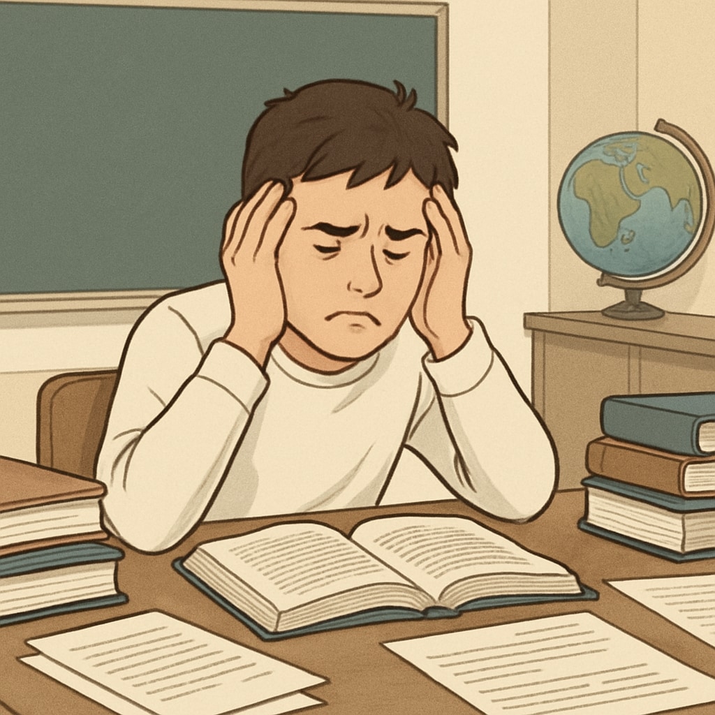 A student sitting at a desk, looking frustrated, symbolizing the challenges of transferring schools due to communication barriers. A frustrated student facing obstacles in school transfer due to communication issues.