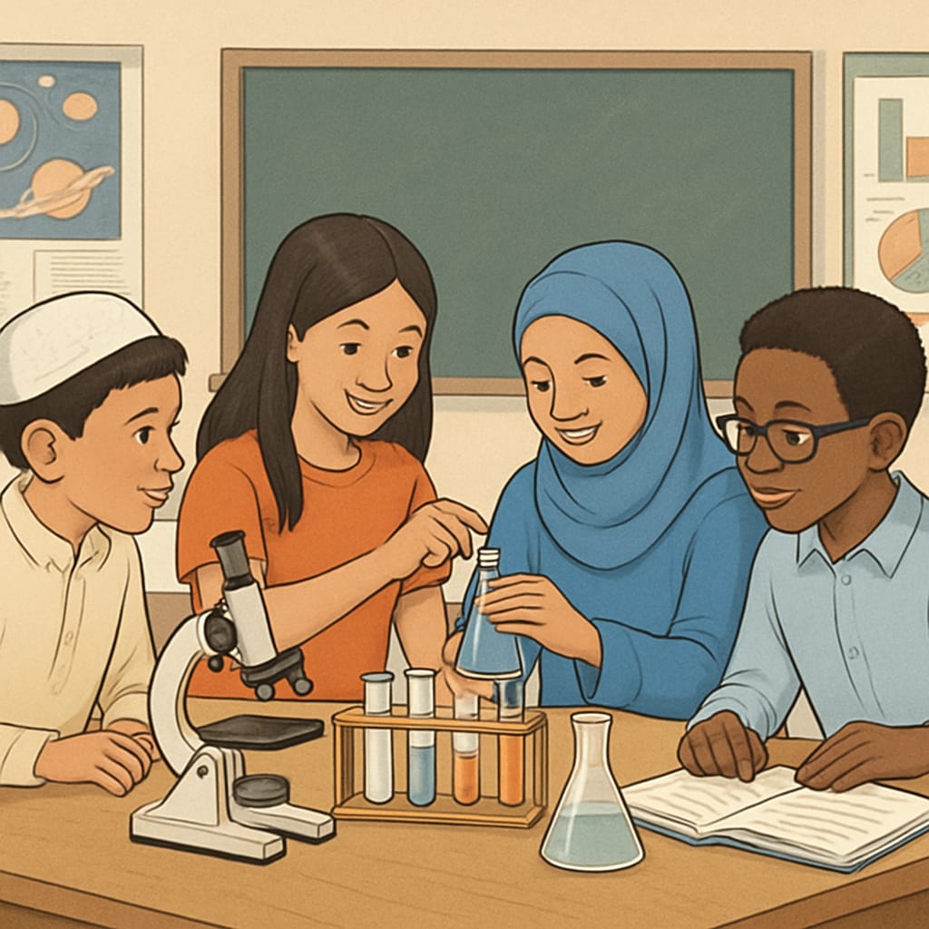 A classroom setting where students from diverse linguistic backgrounds collaborate on a science experiment. Diverse students working collaboratively in a science classroom, focusing on an experiment.