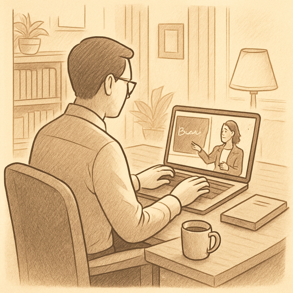 A professional participating in an online class on their laptop while sitting in a cozy home office. The image illustrates the flexibility of online learning for working adults. Online class for professionals, showing flexibility in balancing work and study.