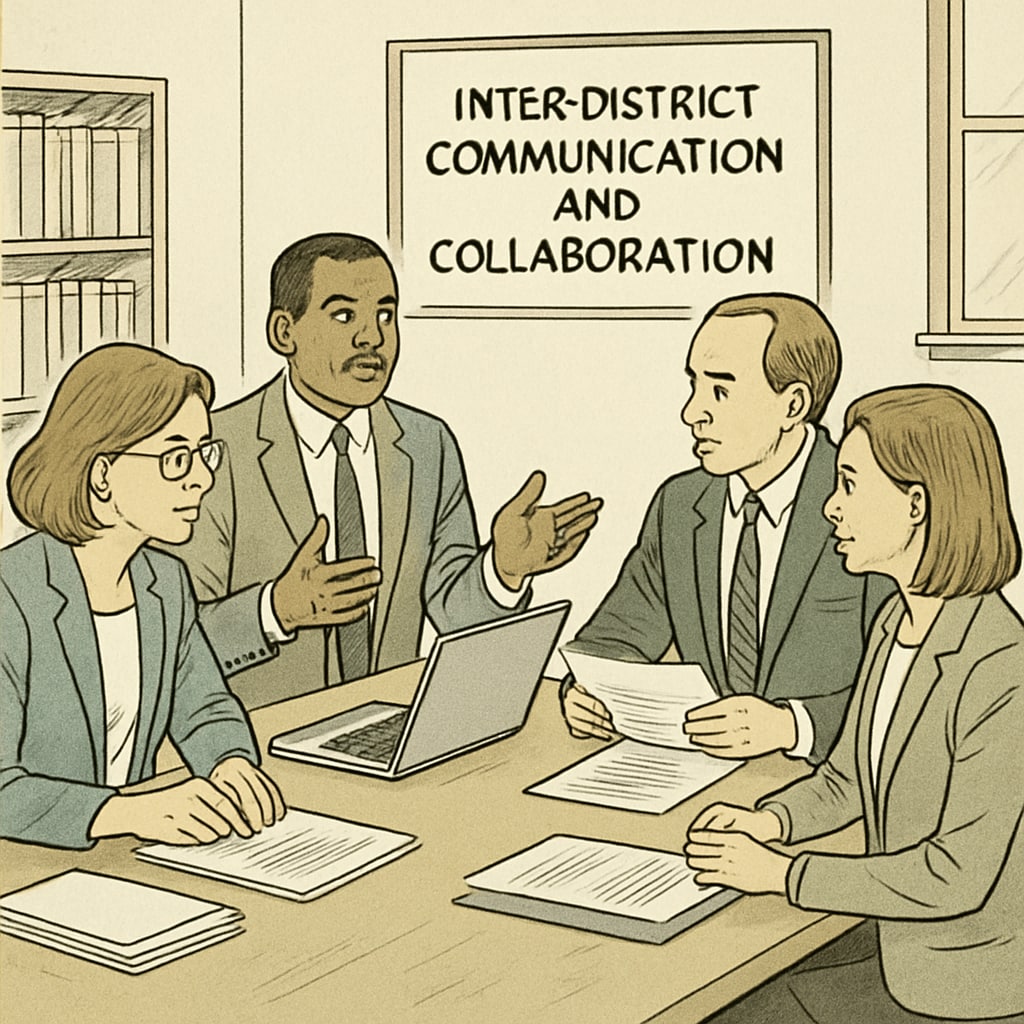 A meeting between school administrators with documents and laptops, representing inter-district communication and collaboration challenges. School administrators discussing inter-district communication challenges.