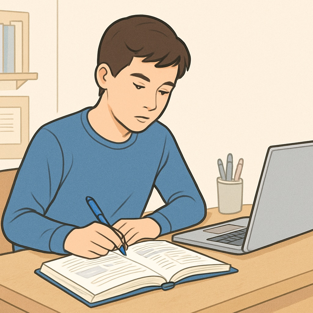 A teenager sitting at a desk with a textbook and a laptop, working part-time while studying. High school student managing part-time work and academics.