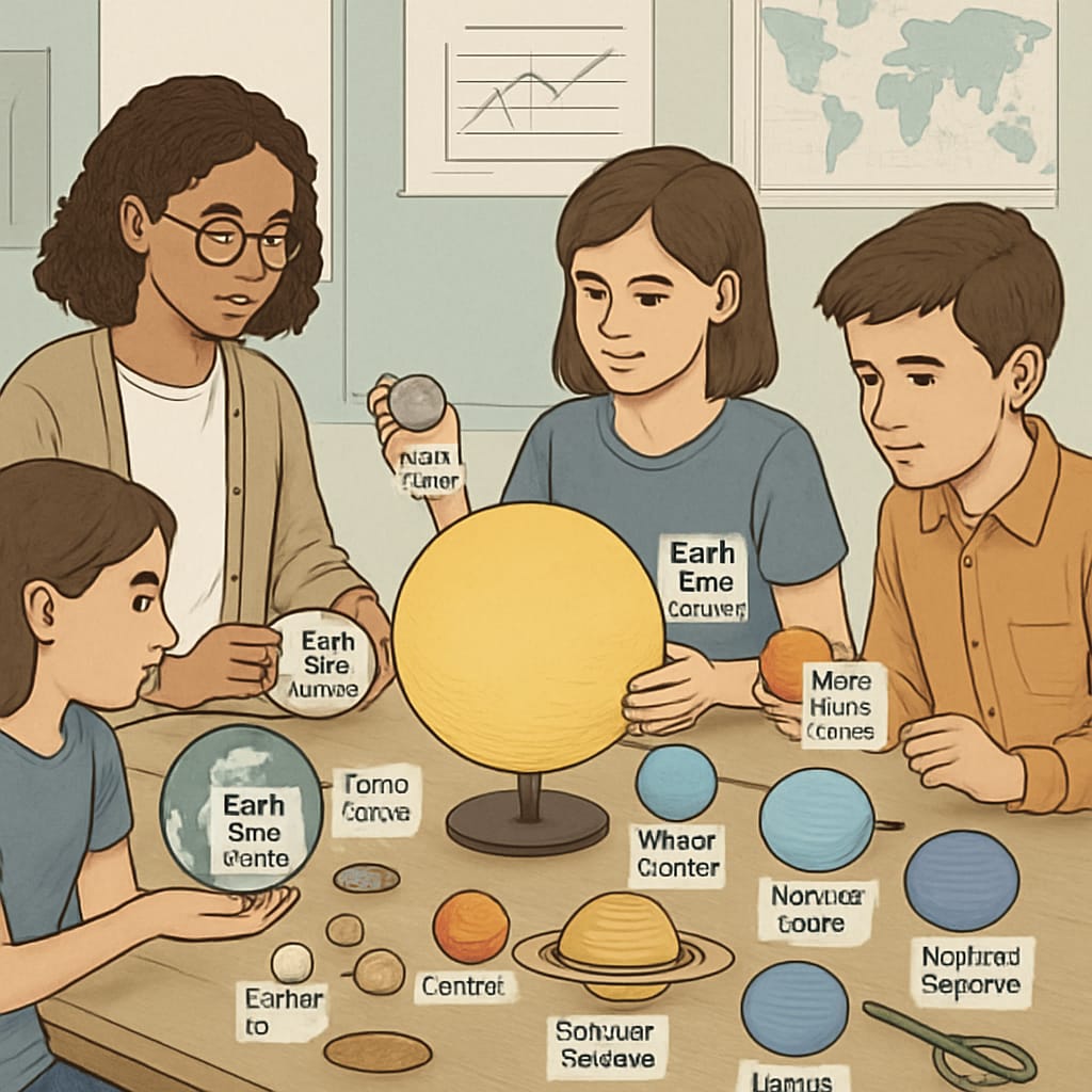 Students working together to build a model of the solar system using labeled parts in multiple languages. Students collaboratively constructing a solar system model with multilingual labels, promoting cross-language learning.
