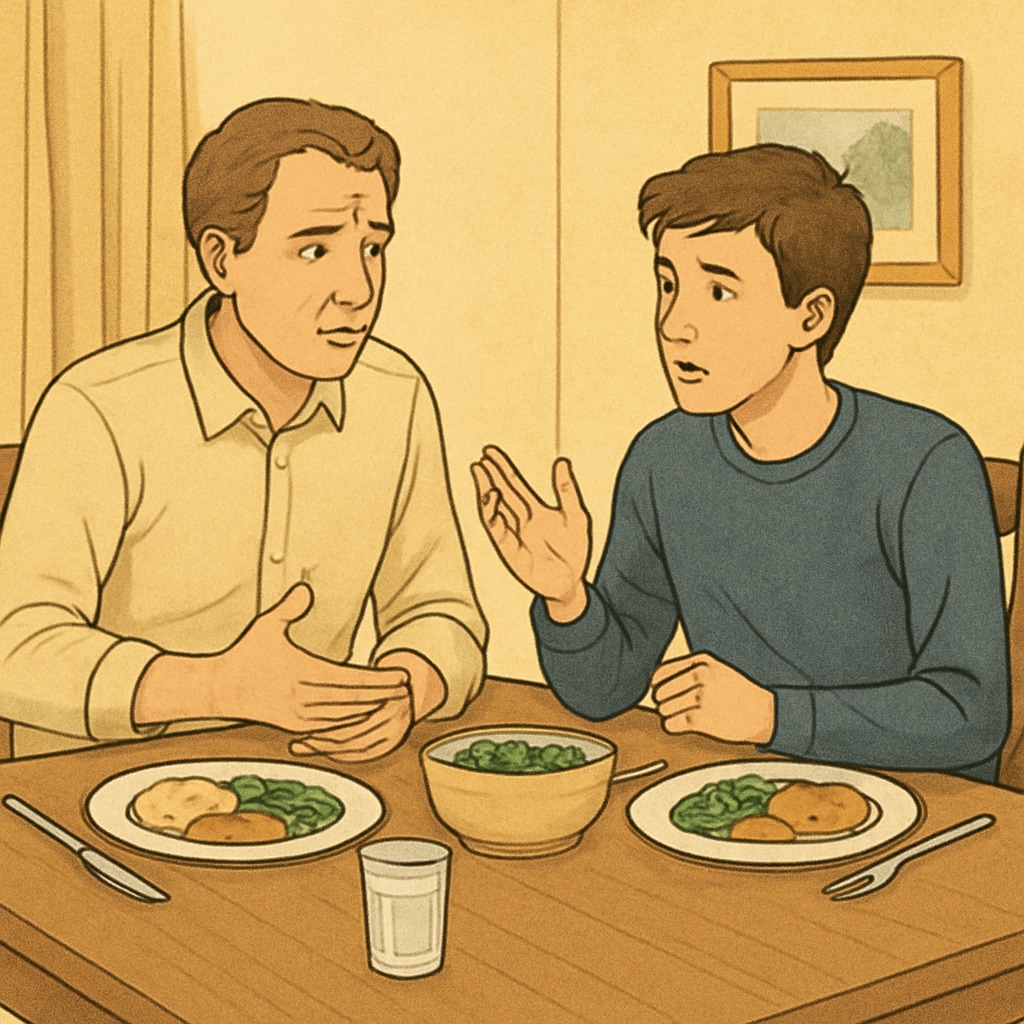 A concerned parent discussing work-life balance with their teenager over dinner. Parent advising high school student about part-time work and academic priorities.
