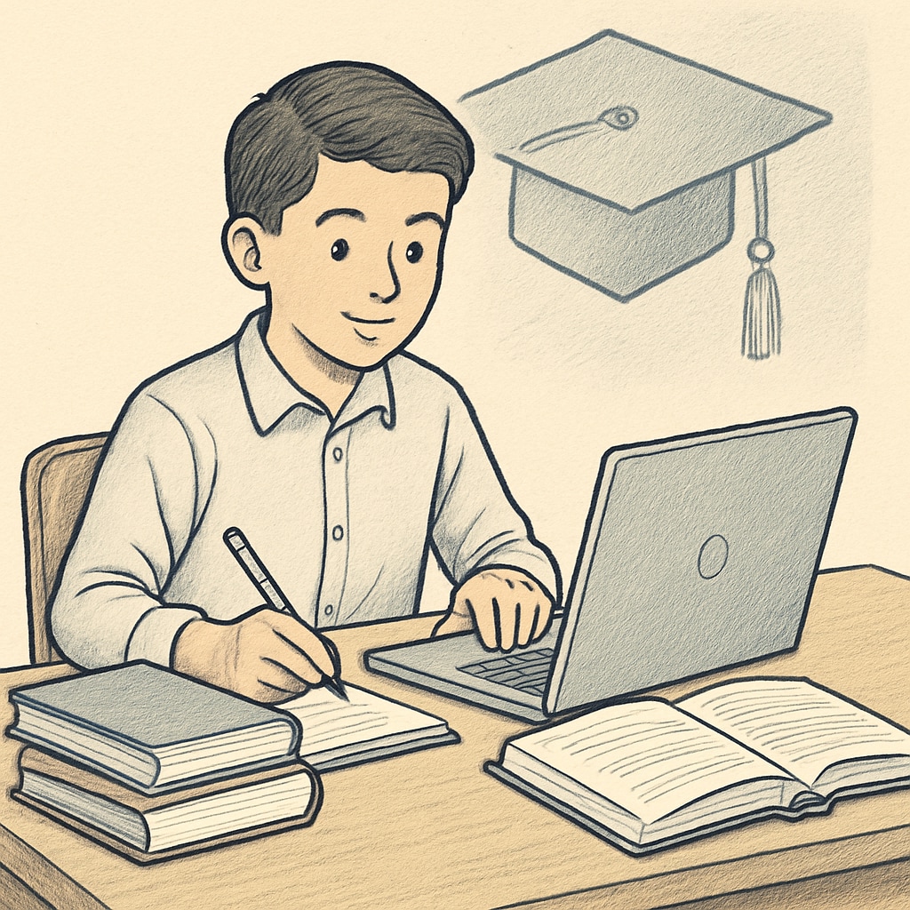 A young student sitting at a desk with books and a laptop, symbolizing learning and future aspirations. UK education recovery for interrupted studies represented by a student with books and laptop.