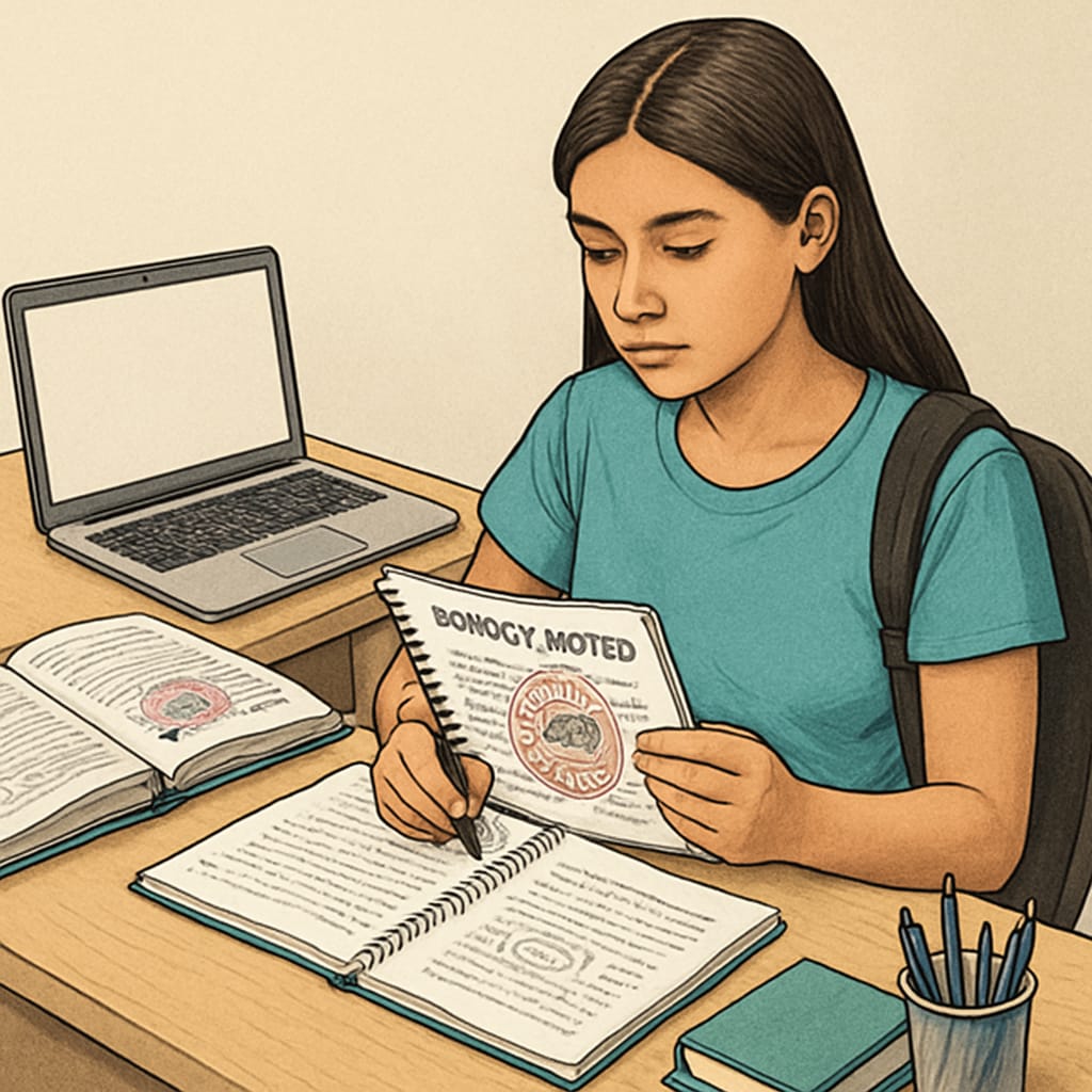 High school student preparing for nursing program with biology notes.