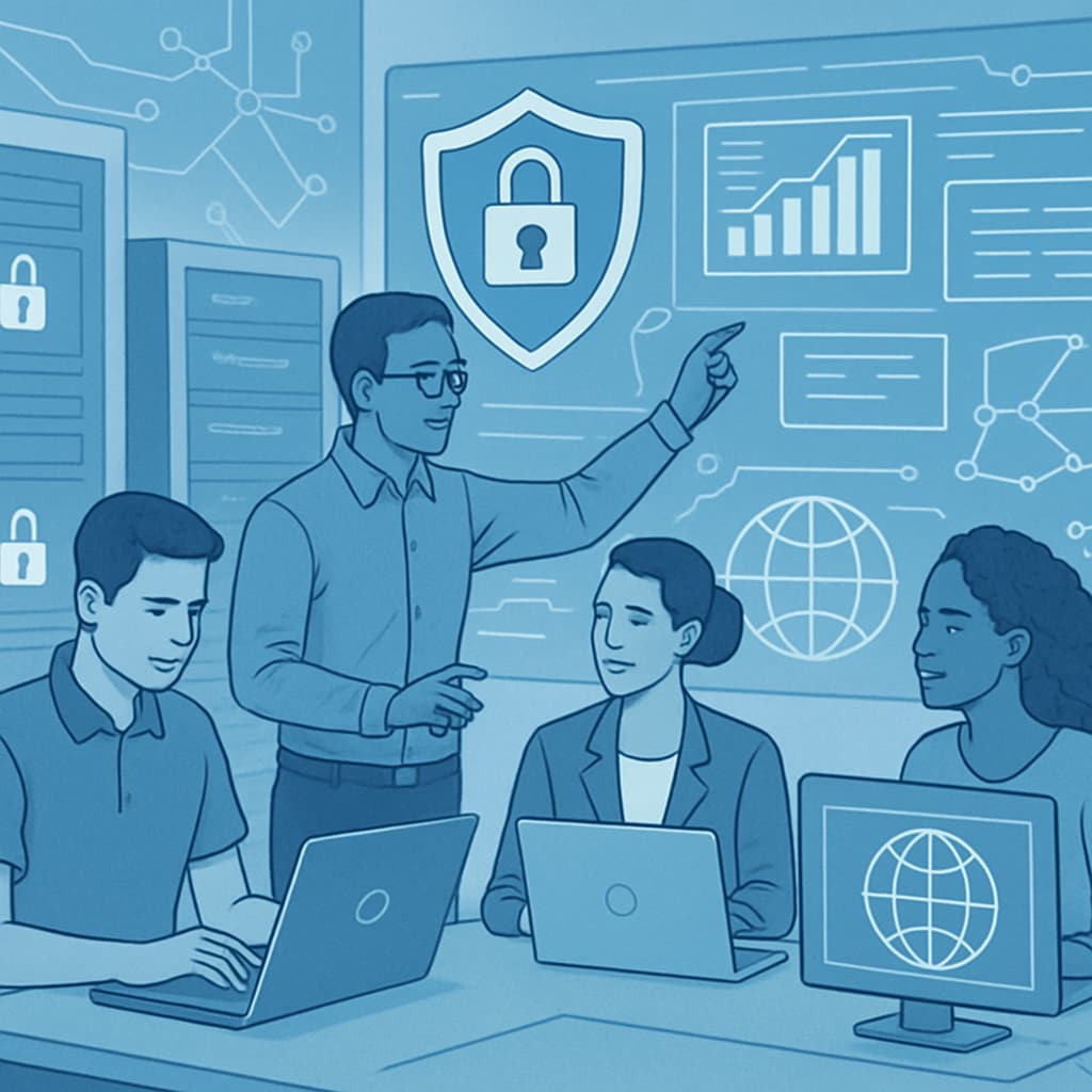 A futuristic depiction of cybersecurity professionals working in a technology-driven environment. Cybersecurity professionals discussing strategies in a high-tech workspace.