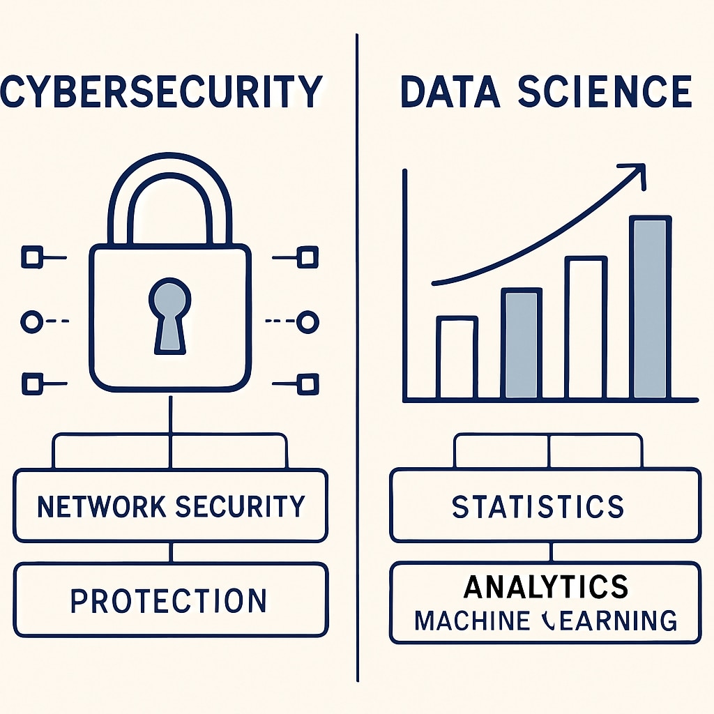 A technical illustration showing the differences between cybersecurity and data science, such as a lock symbol for security and a bar chart for data analytics. Cybersecurity and data science comparison with lock and chart icons