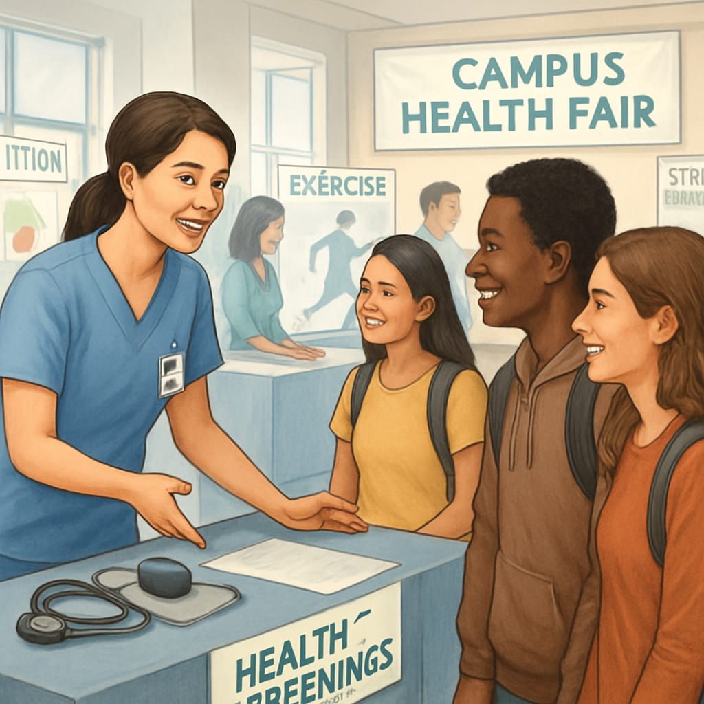Nursing student involved in a campus health event.
