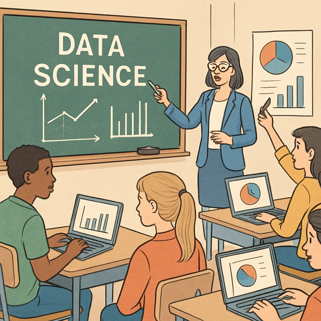 A classroom setting where students are engaged in a data science workshop using laptops and interactive tools. Students participating in a hands-on data science workshop in a school setting.