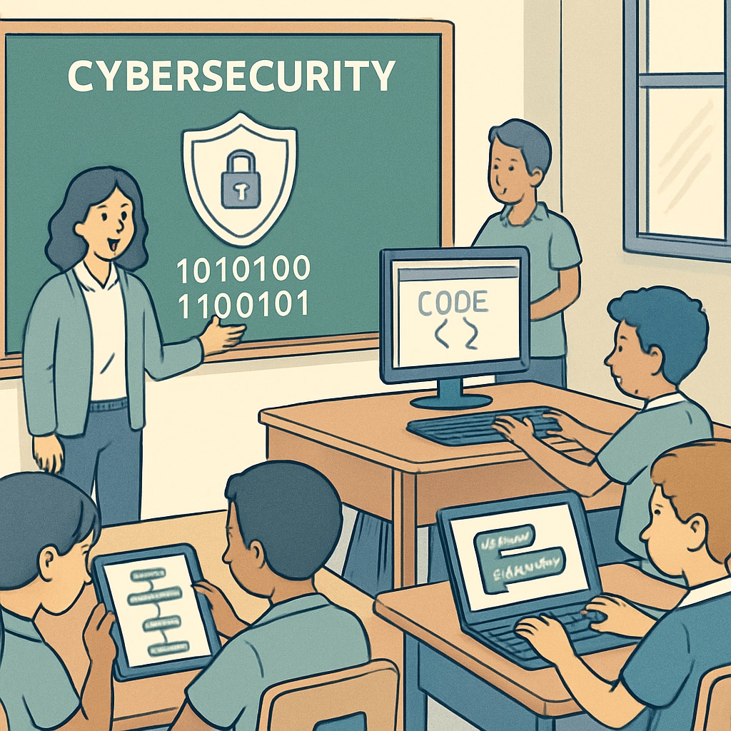 A classroom setting where students are learning coding and cybersecurity concepts through interactive tools. K12 students coding and learning cybersecurity in a classroom