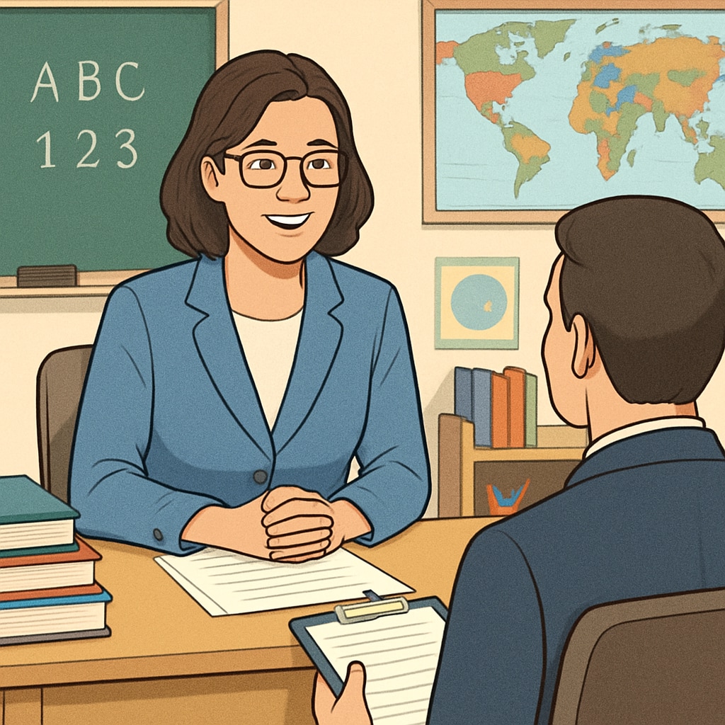 A teacher being interviewed in a school setting, symbolizing the hiring process. Teacher interview process in Oklahoma's new policy with political ideology testing.