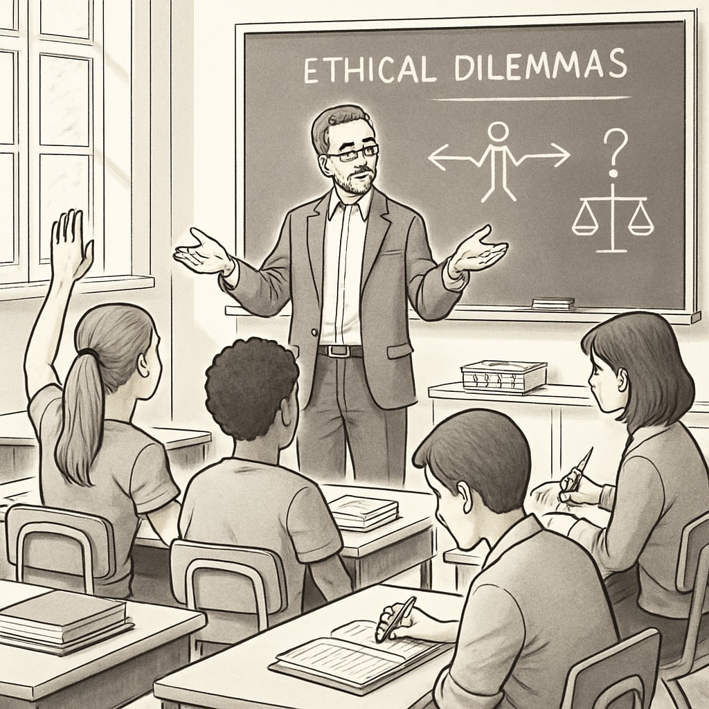 A classroom environment where a philosophy teacher is engaging students in a discussion about ethical dilemmas. Philosophy teacher leading a discussion with students in a classroom, promoting critical thinking.