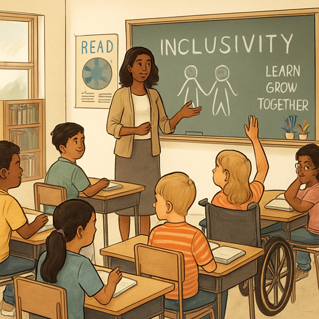 A classroom setting with diverse students and a teacher, representing the importance of inclusivity in education. Classroom with diverse students and a teacher, highlighting inclusivity in education.