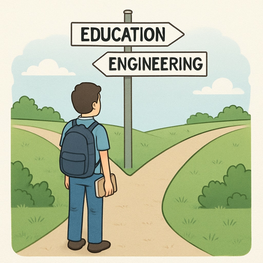 A conceptual illustration showing a student standing at the crossroads of education and engineering, symbolizing their dual focus. A student at the crossroads of education and engineering, representing dual degrees.