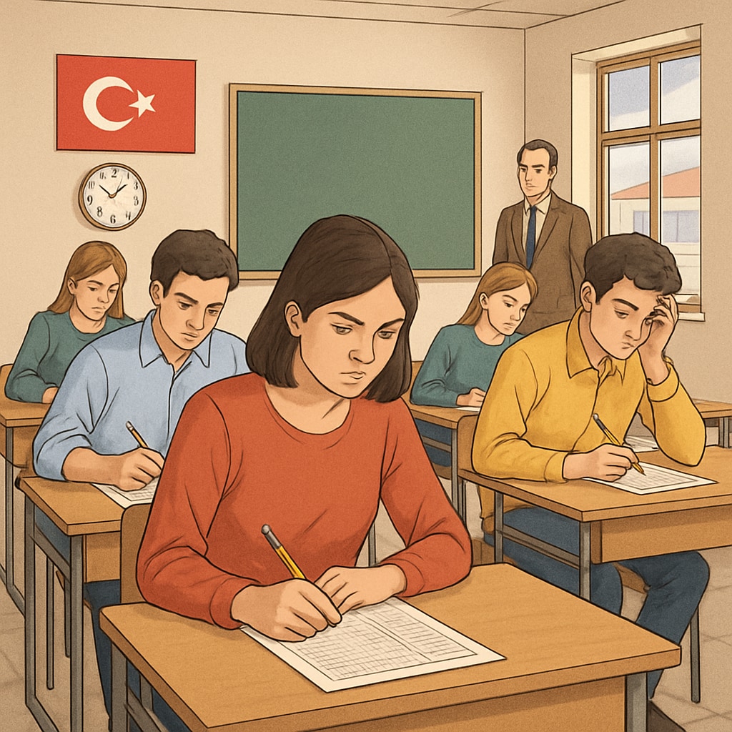 A classroom of Turkish high school students taking a standardized exam, symbolizing the rigidity of the exam-driven education system. Turkish students taking a standardized exam in a classroom, representing exam-driven education.