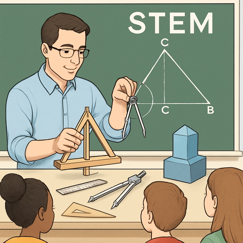 A classroom setting where a teacher uses engineering tools to demonstrate a STEM concept, emphasizing the combination of education and engineering expertise. A teacher using engineering tools to explain a STEM concept, showcasing dual expertise.