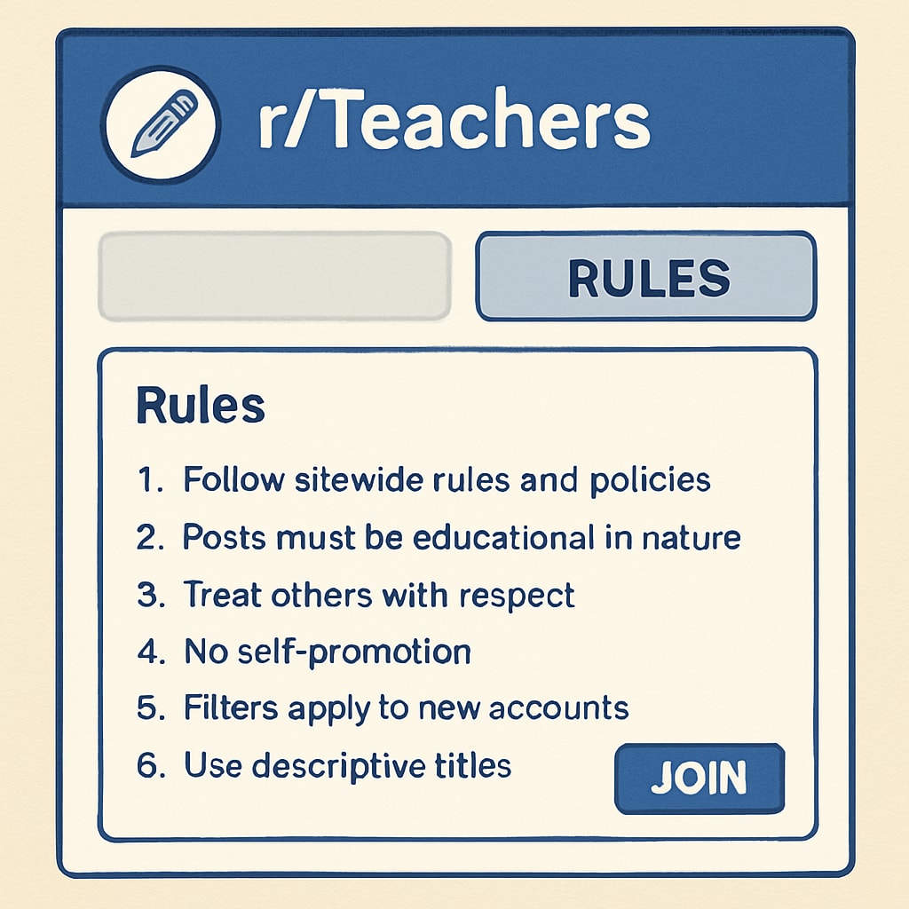 A screenshot of the r/Teachers subreddit homepage, showing its rules section prominently displayed. r/Teachers subreddit screenshot with community rules highlighted.