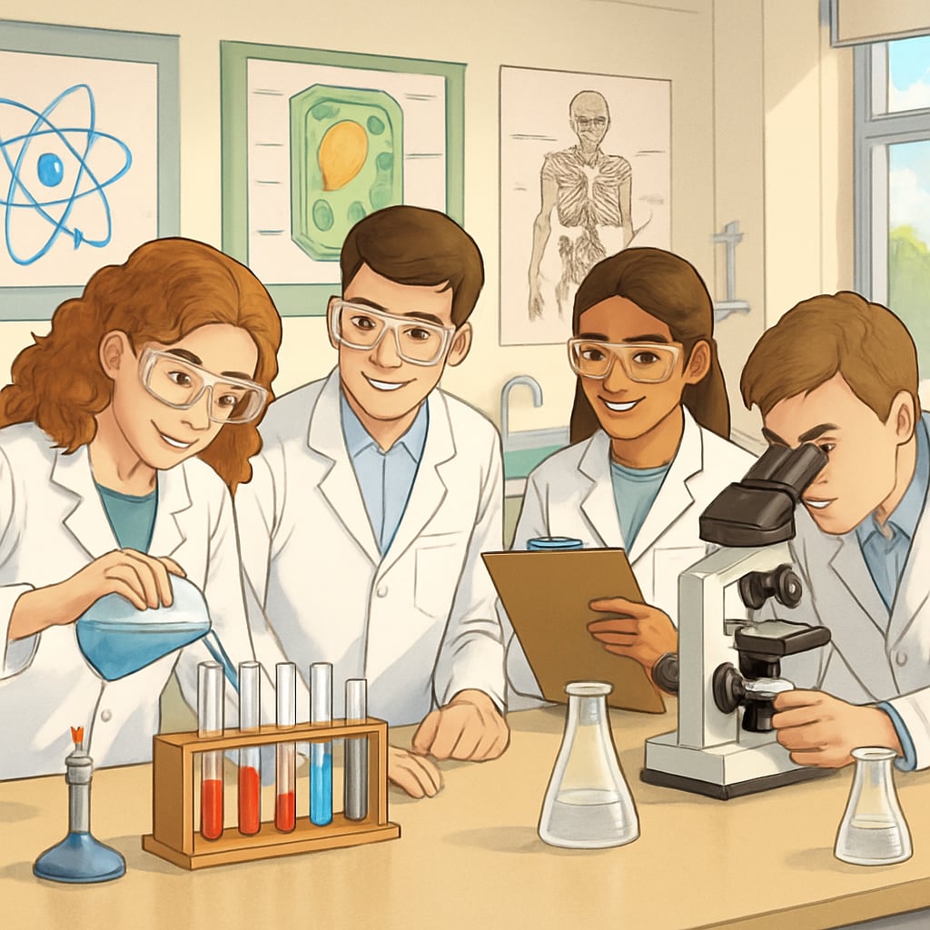 A group of UK A Level students engaged in a hands-on science experiment, reflecting the system’s focus on practical learning and creativity. UK A Level students conducting a science experiment, showcasing creativity and practical learning.