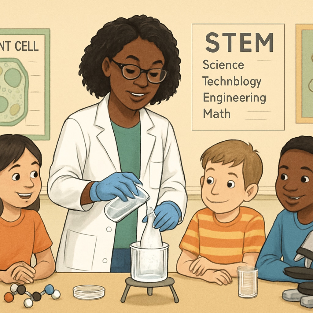 Biology graduate teaching STEM concepts in a classroom.
