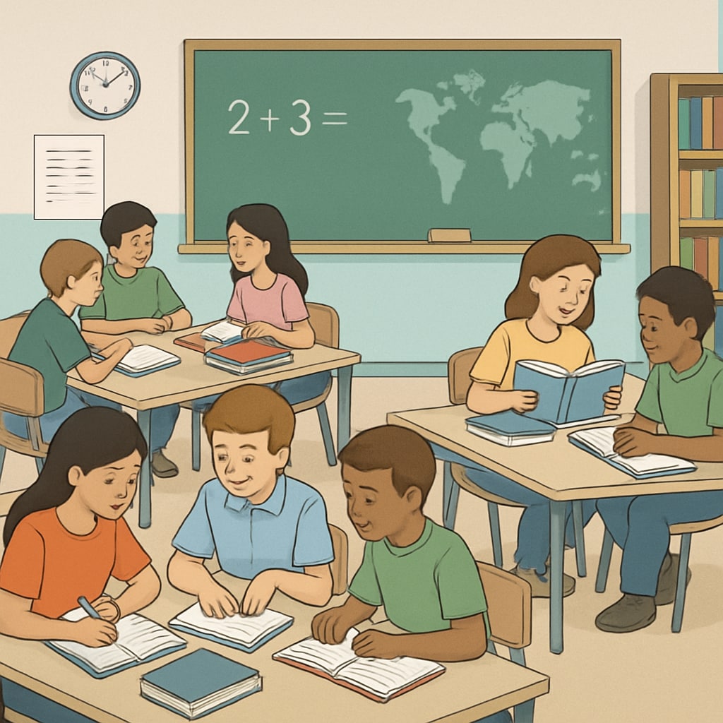 Students collaborating in a calm, supportive classroom environment to reduce academic anxiety.