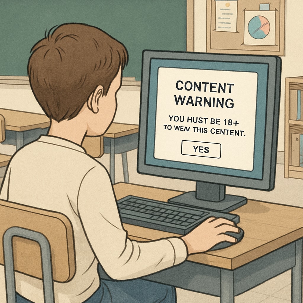 A student using a computer in a classroom, with a content warning or age verification prompt visible on-screen. Student in a classroom facing internet age verification warning screen.