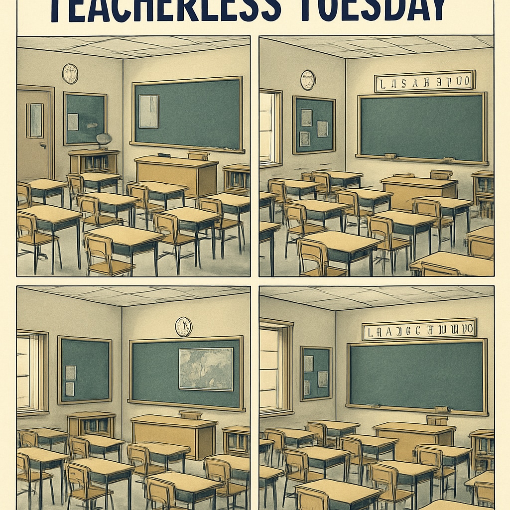 A group of empty classrooms symbolizing Teacherless Tuesday in schools. Empty classrooms highlighting Teacherless Tuesday,教师抗议,集体请假(英文)
