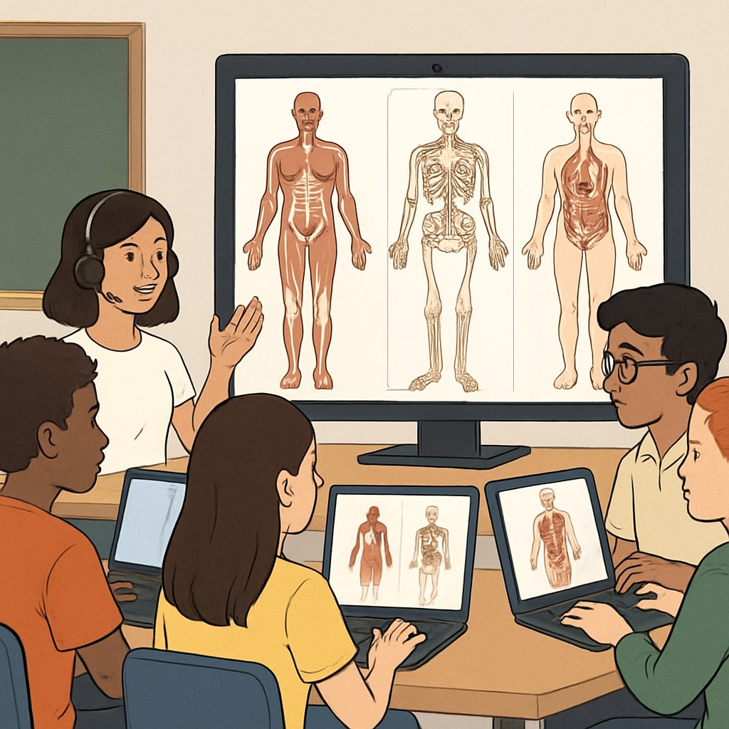 A group of diverse students engaged in a virtual health education class, with diagrams of the human body visible on their screens. Students in a virtual classroom learning about human anatomy as part of medical education for non-medical backgrounds and online courses.