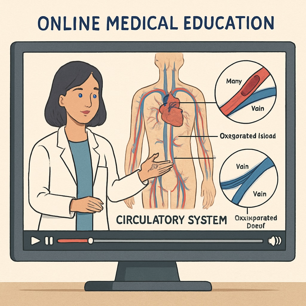A screenshot of an online medical education course showing an animated tutorial on the circulatory system. Online course tutorial on the circulatory system as an example of medical education resources for non-medical backgrounds.