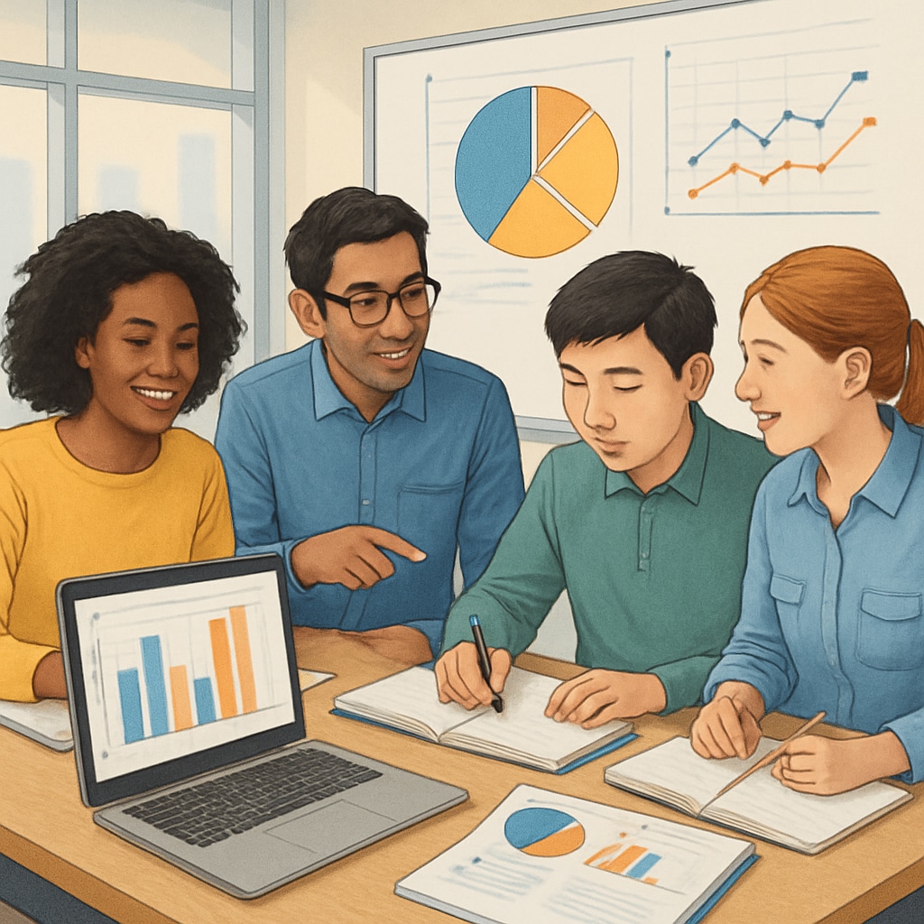 A diverse group of international students studying data science concepts together. International students discussing data science concepts while studying.